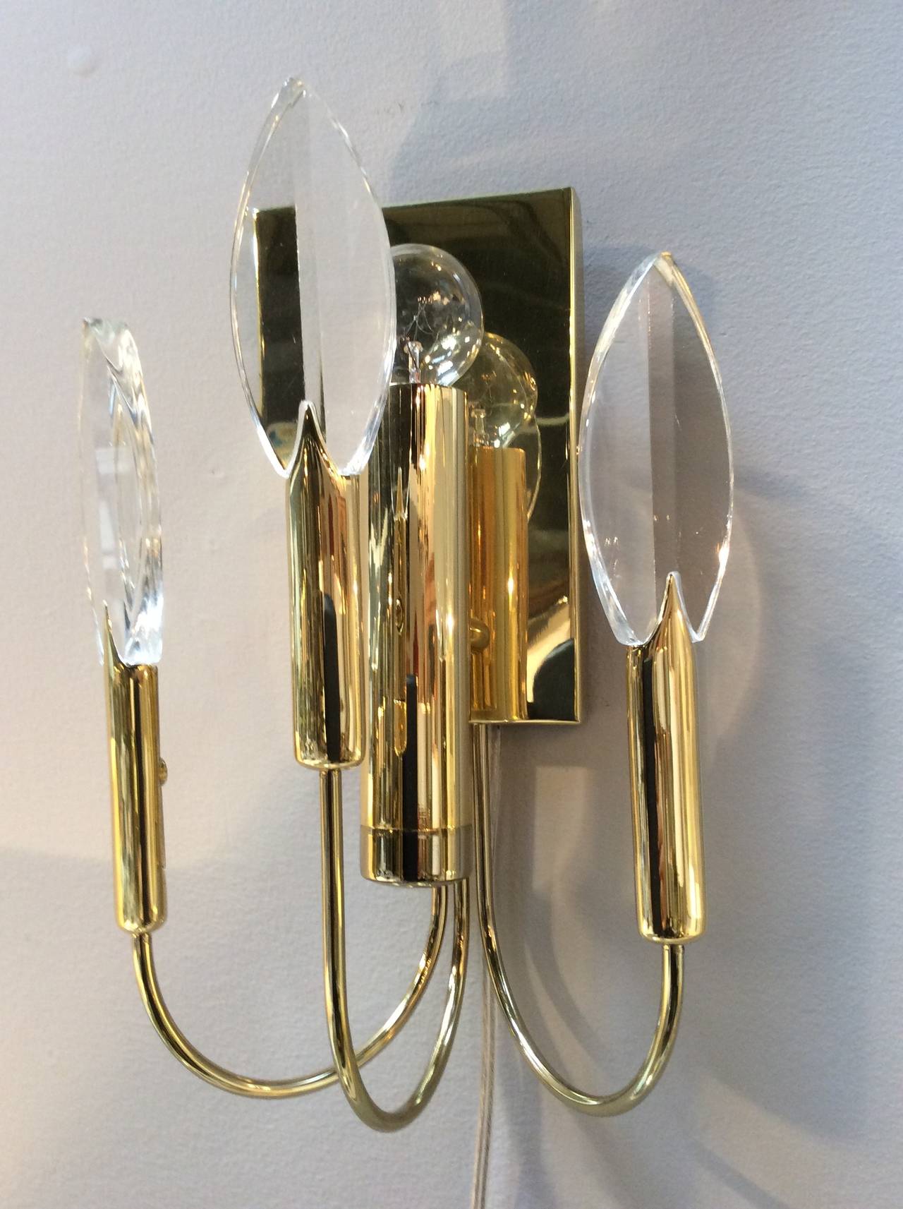 Pair of Vintage Brass and Crystal Sconces, Attributed to Sciolari 1