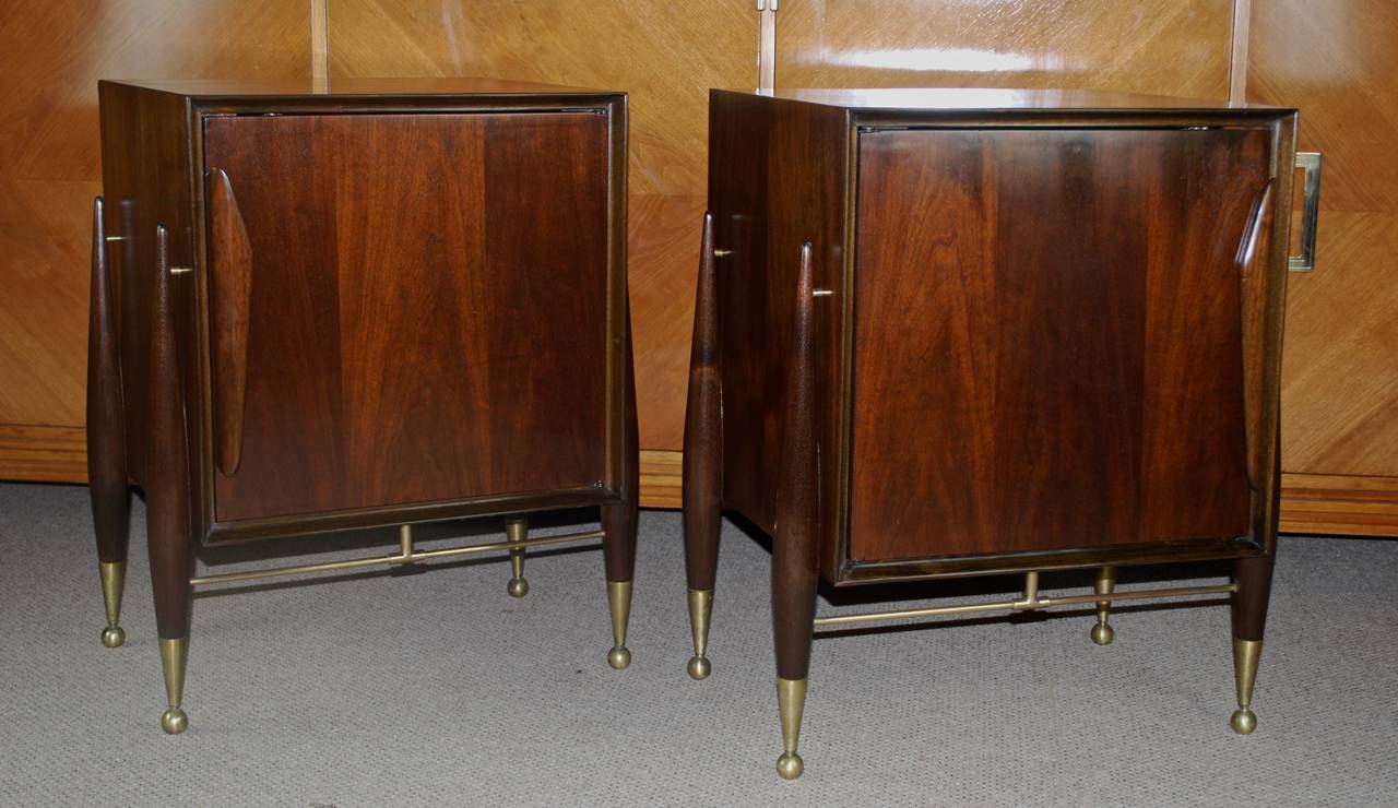 Mid-20th Century Mid-Century Modern Pair of Sculptural Nightstands with Brass Details