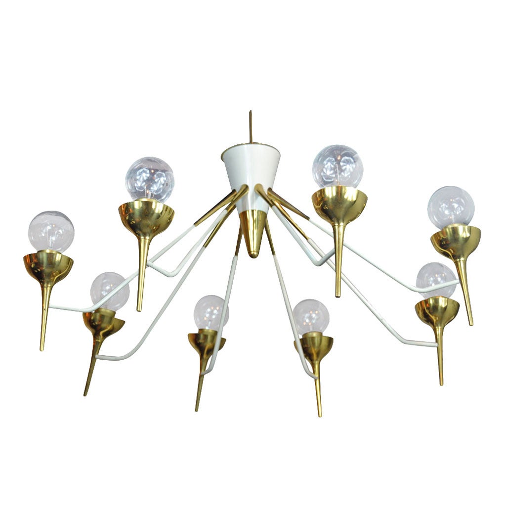 Brass and White Enamel Italian Chandelier, 1970s