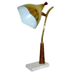 Midcentury Brass and Walnut Desk Lamp on Marble Base