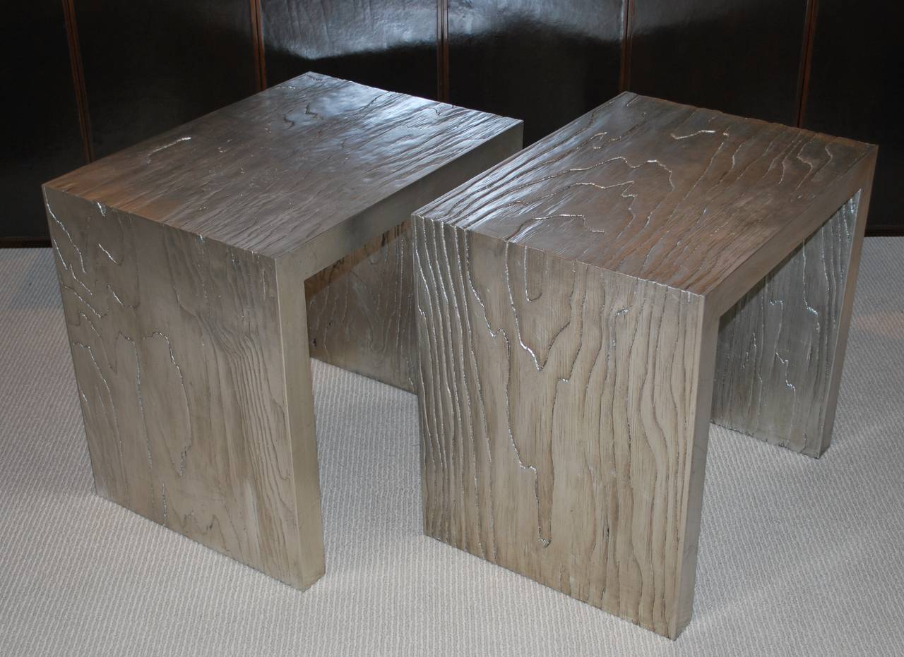 Limited artist edition silver leafed side tables, beautifully crafted out of fir wood. Wonderful warm glow and accentuated texture. Custom sizes available.