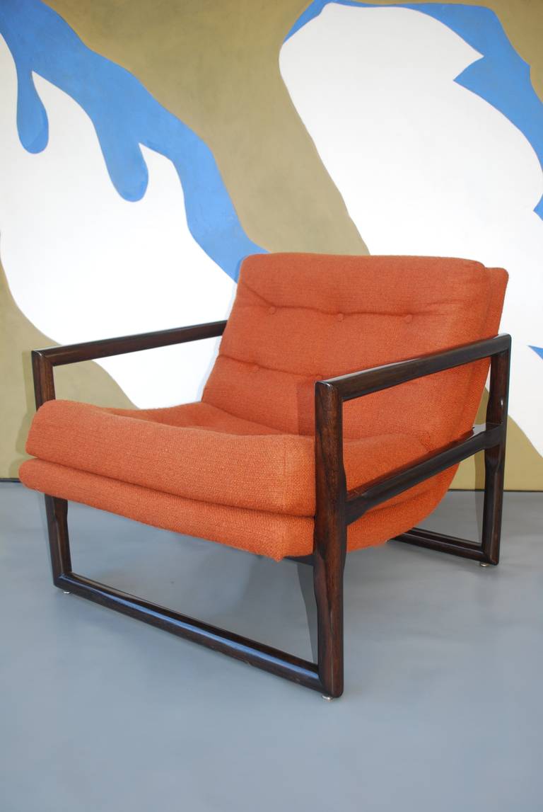 Milo Baughman lounge chairs, great scale and lines. Frames have been newly refinished in rich dark brown, original Knoll upholstery is in excellent condition.

Please contact me to make sure chairs are at the gallery and available to view.