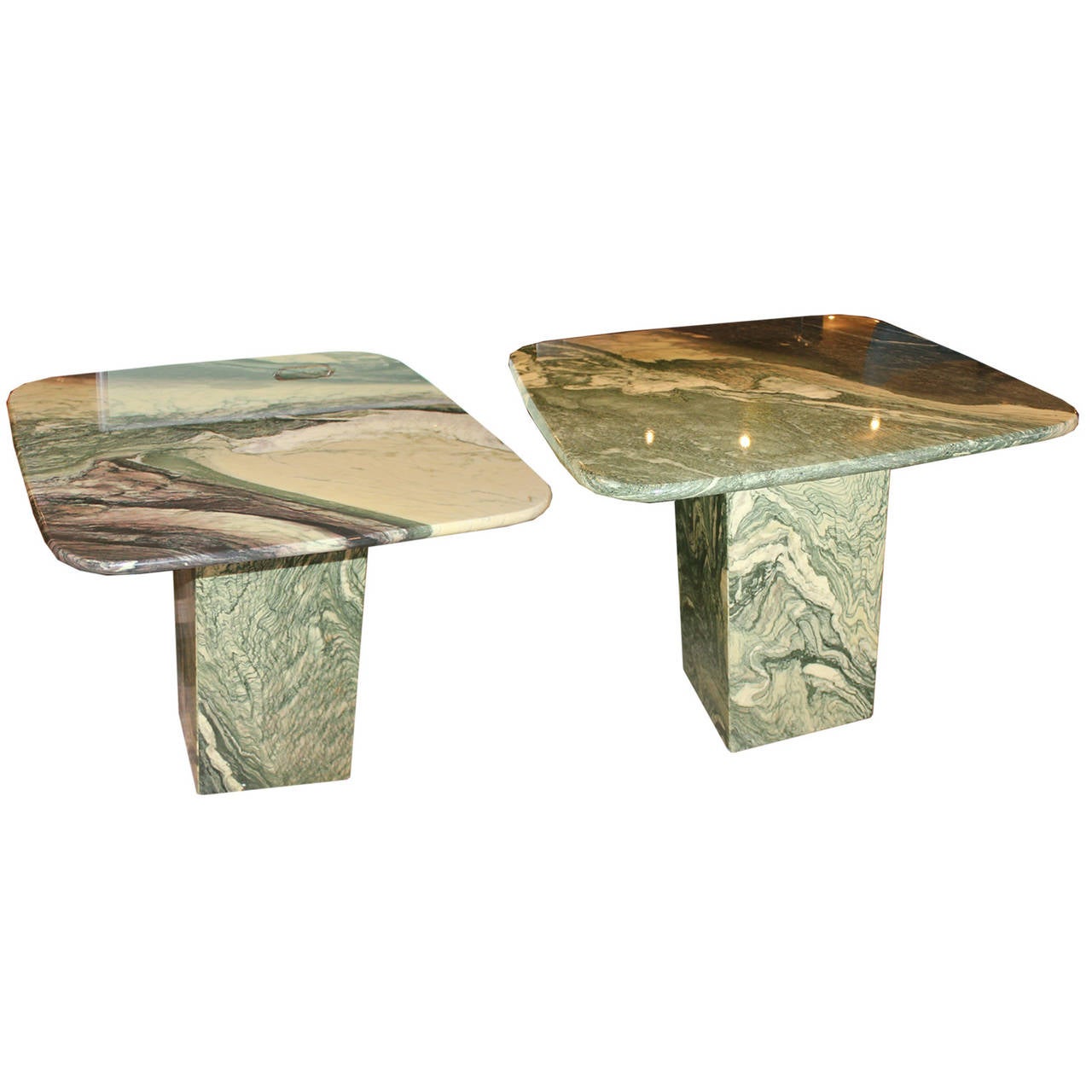 Beautiful marble table looks amazing from every angle. Slabs sit atop marble pedestal. Table on left available.