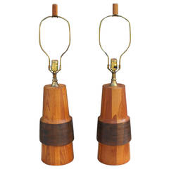 Vintage Pair of Organic Wooden Turned Lamps