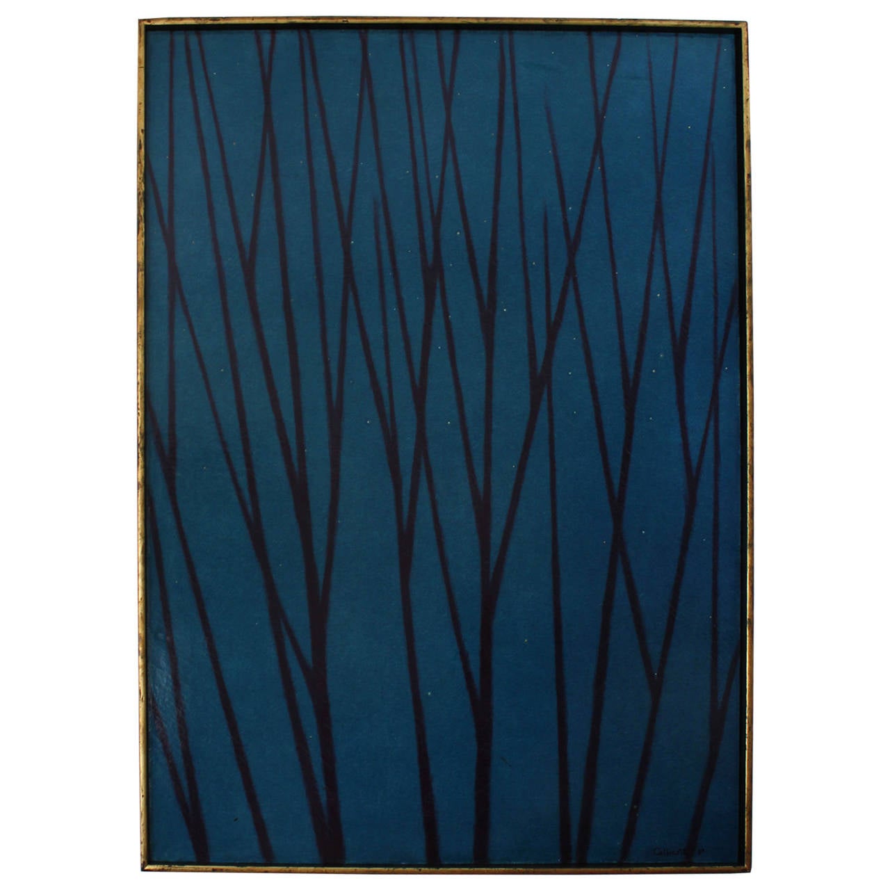 Burton Callicott (1907-2003) was an American artist based out of Memphis, TN. Callicot was a founding faculty member of the Memphis College of Art. This piece suggests a starry sky seen behind branches. Finished in a simple gold leaf frame. Stunning