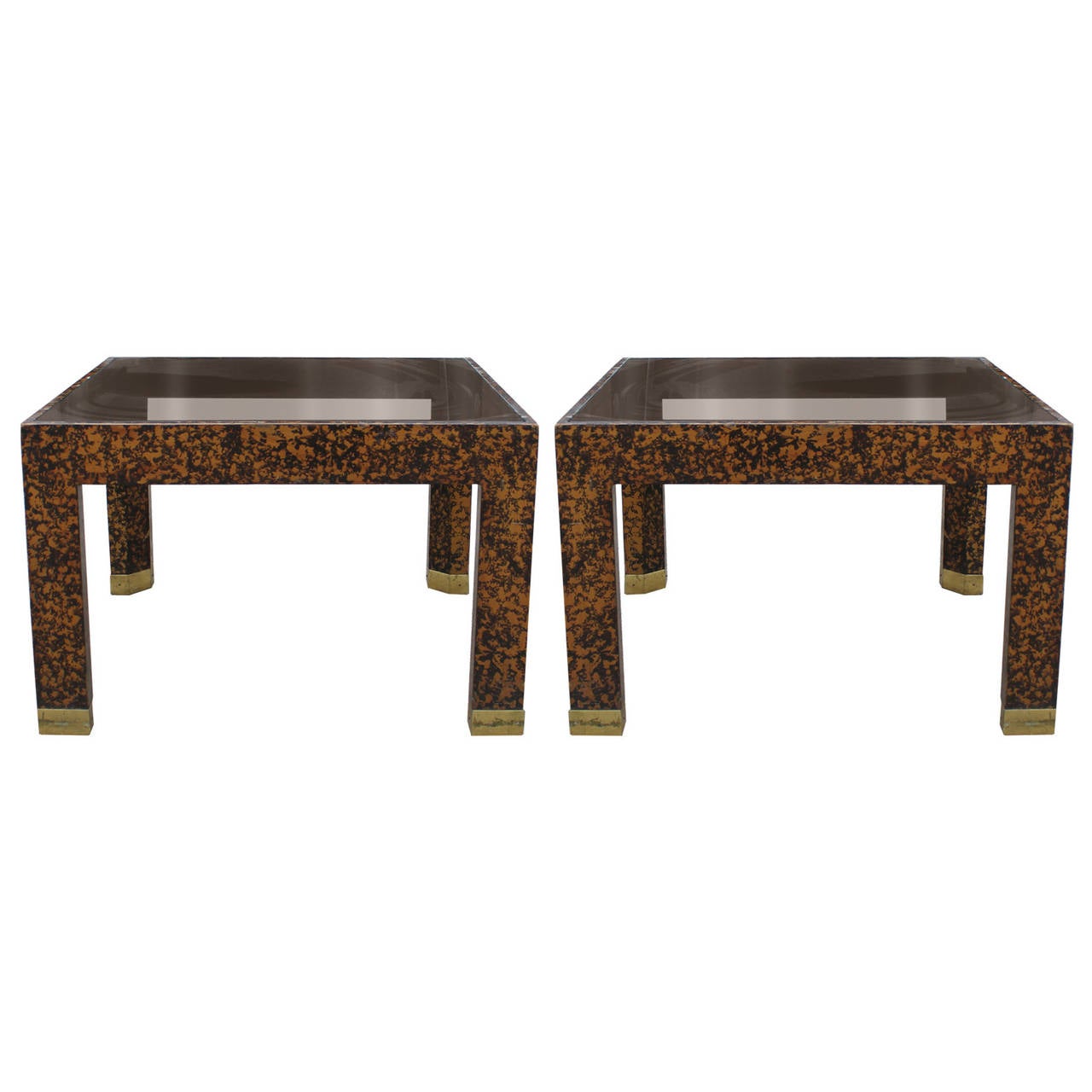 Great pair of faux tortoise shell table made by Henredon.  These square table have smoked glass and brass capped feet. Circa 1970 in Excellent vintage condition.