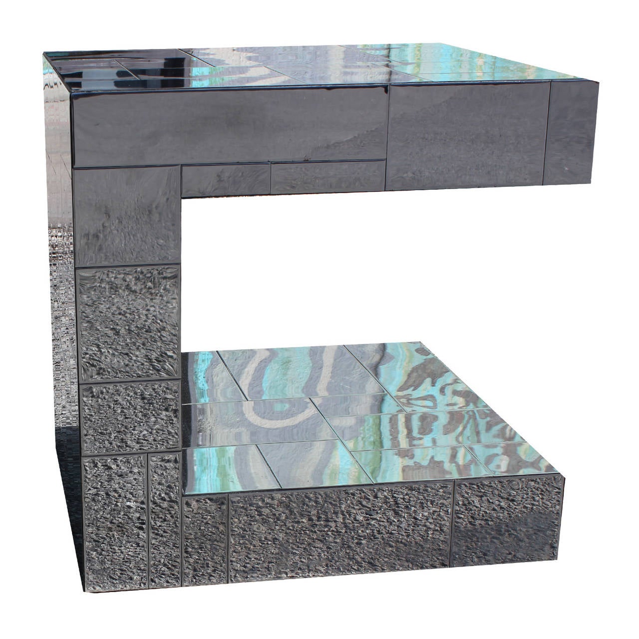 Gorgeous C shaped side table is by Paul Evans from his Cityscape collection for Directional. Chrome plated steel tiling gives a unique mirrored effect. Truly stunning piece of brutalist design.