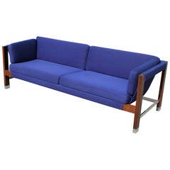 Milo Baughman Rosewood and Chrome Blue Sling Sofa