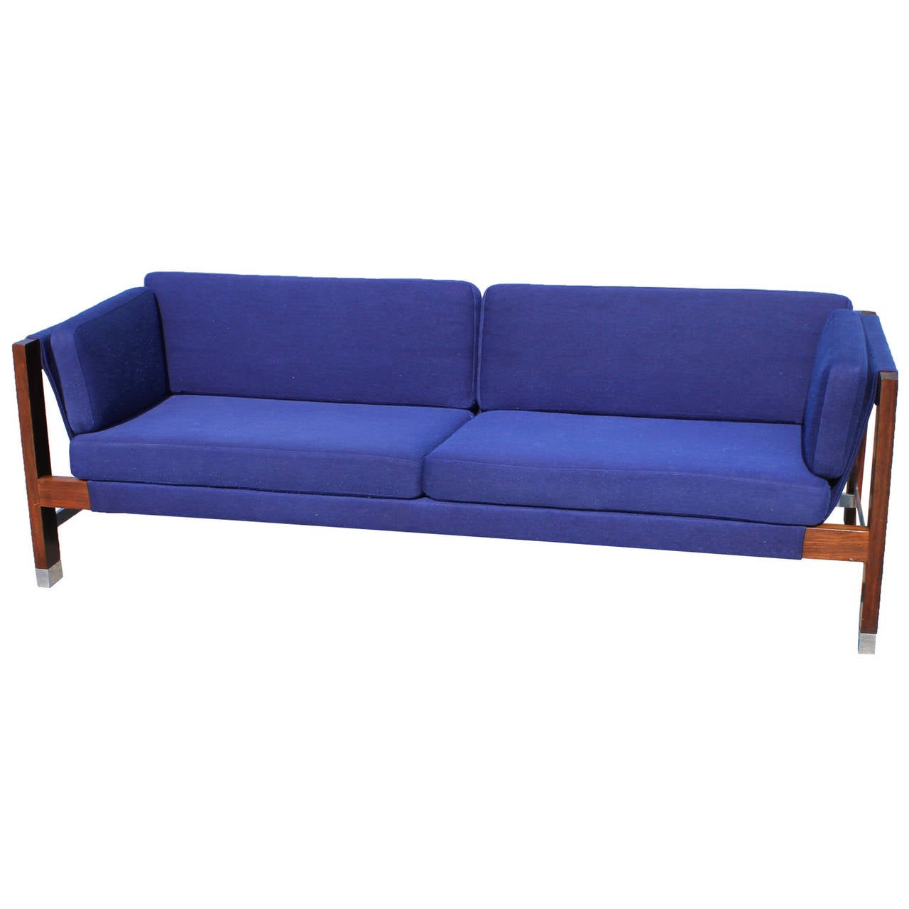 American Milo Baughman Rosewood and Chrome Blue Sling Sofa