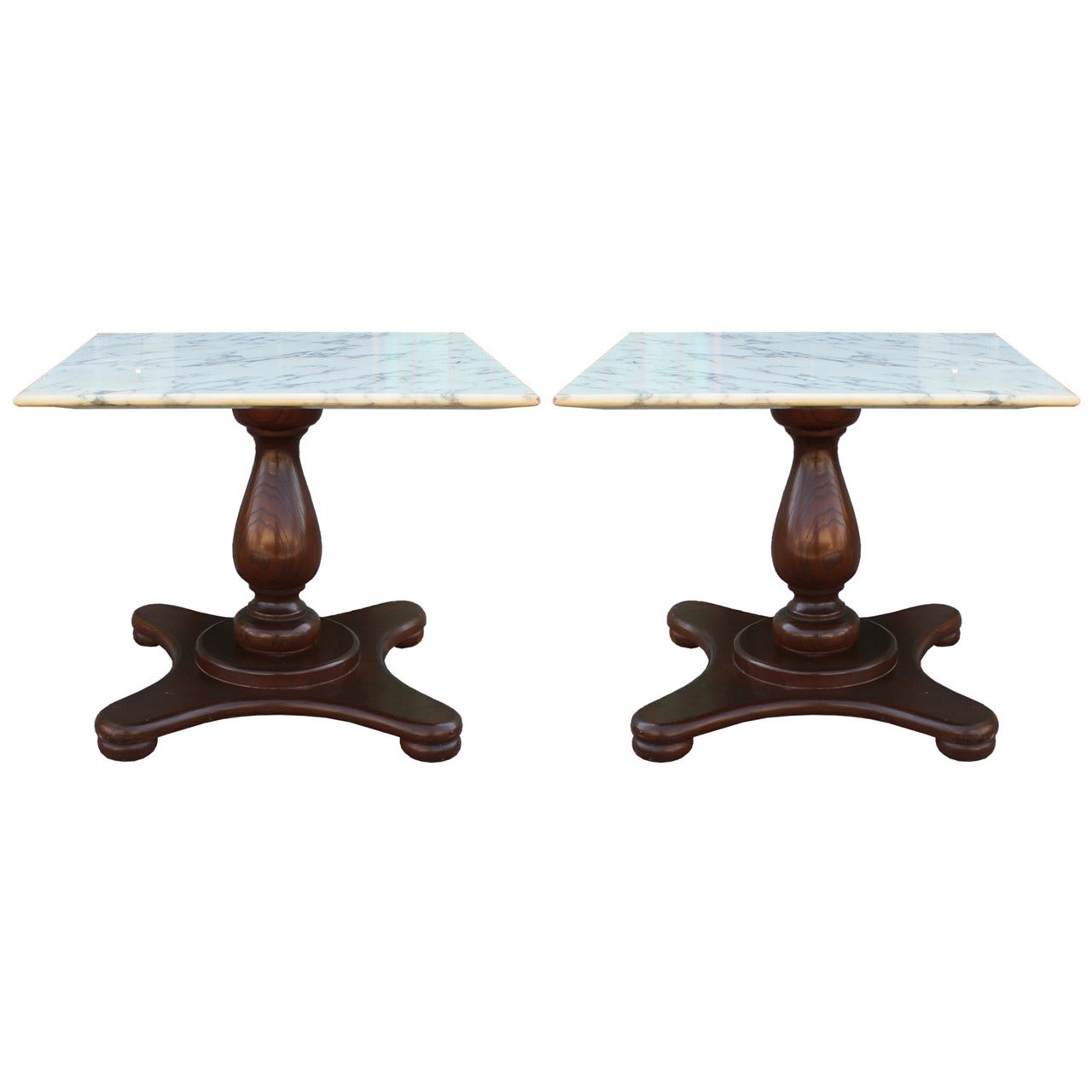 Pair of Stunning Marble Top Walnut End Tables