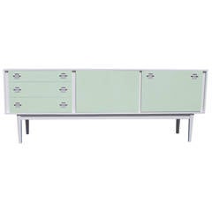 White and Mint Mid Century Modern Lacquered Sideboard Chrome Handles