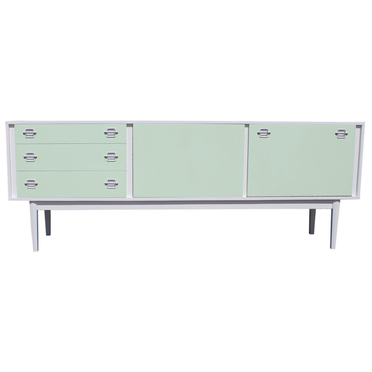 White and Mint Mid Century Modern Lacquered Sideboard Chrome Handles
