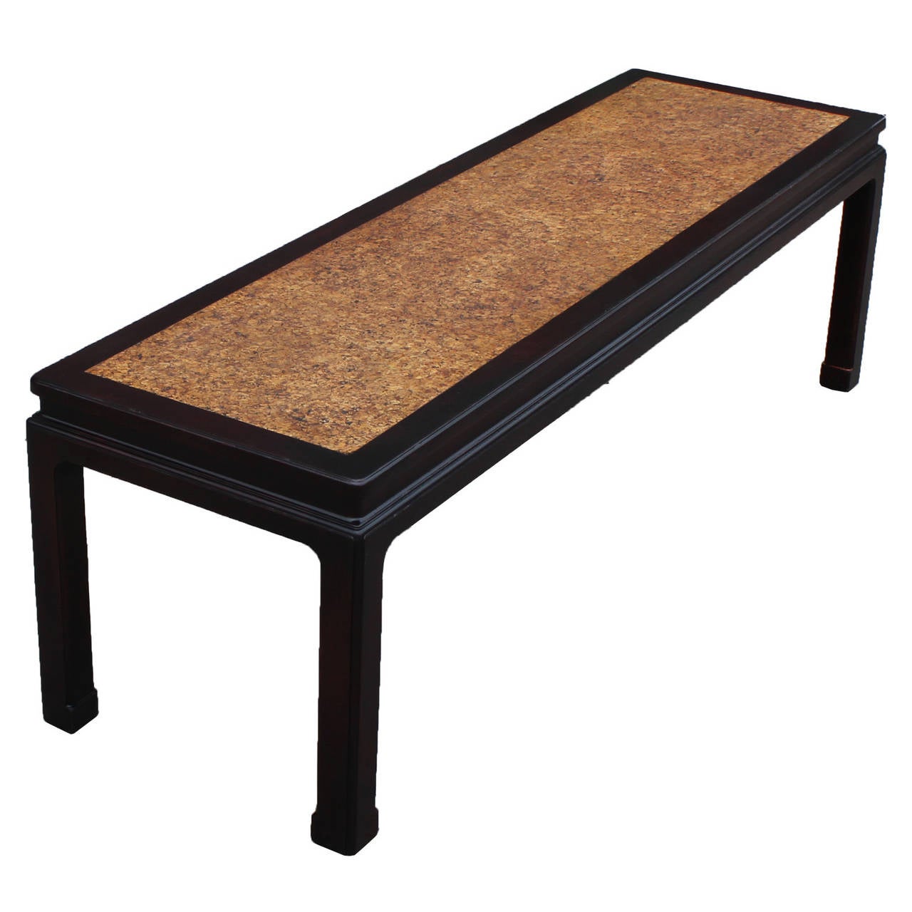 Beautiful Edward Wormley for Dunbar coffee table. Mahogany table is inlaid with a cork top. Stunning detailing make this the perfect transitional piece. Green rectangular label attached.