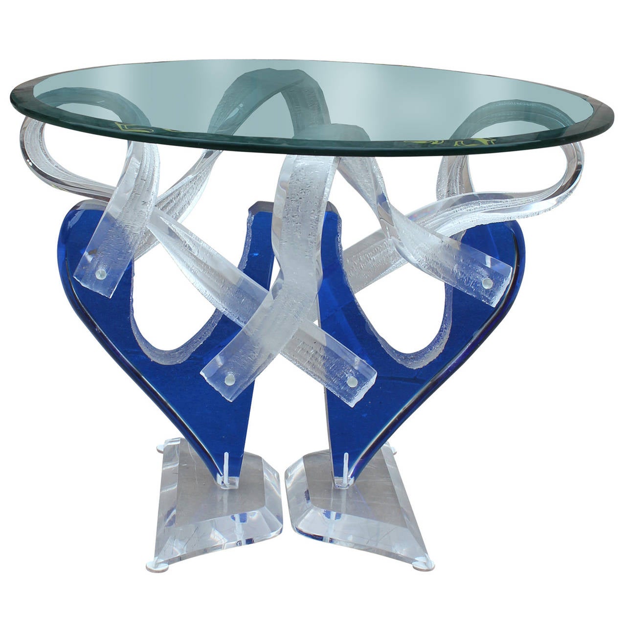 Fabulous pair of lucite side tables with glass tops and cobalt blue accents. Pedestal bases have a series of organic curves and curls.  Possibly Haziza

Matching Coffee Table available.