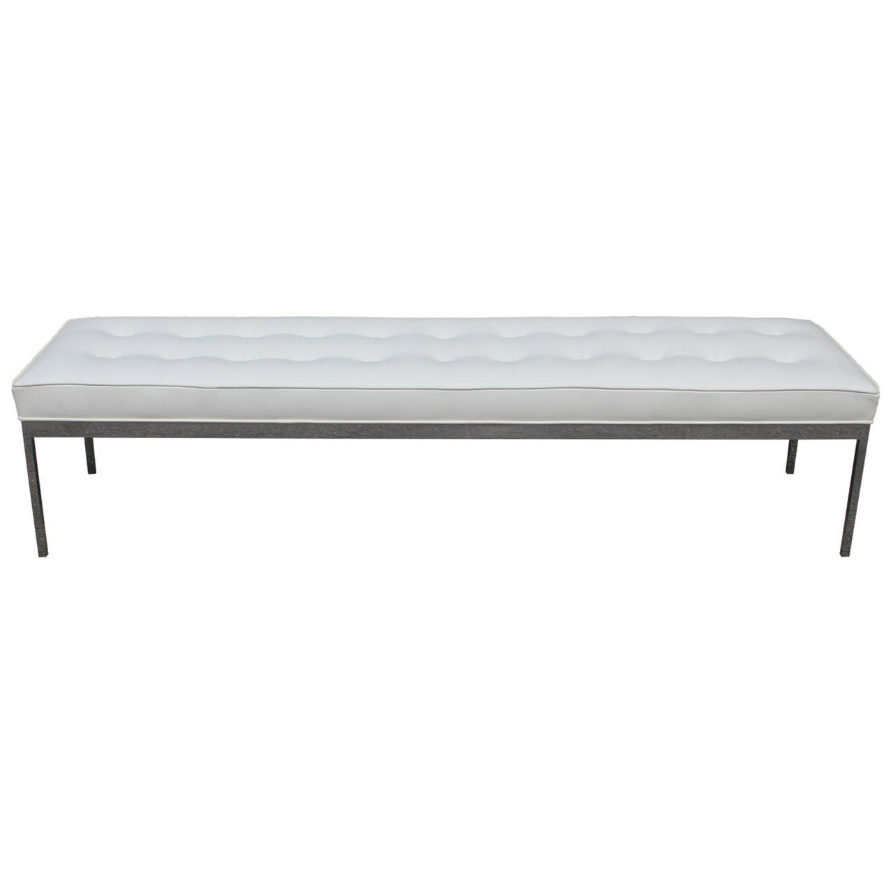 Ultra luxe bench freshly upholstered in white Spinneybeck leather and chrome base. Seat is tufted and piped. Perfect used as a bench or ottoman/coffee table. Extra heavy and well built - In the style of Zographos, Knoll, Milo Baughman