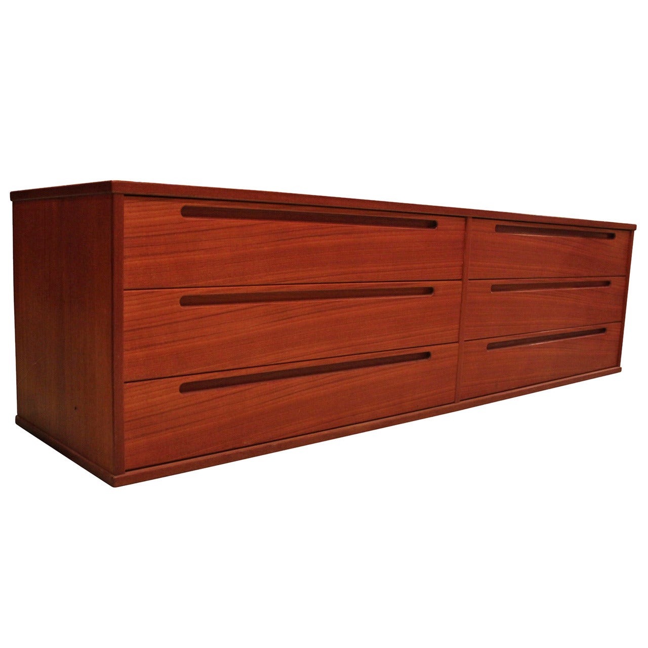 Mid Century Modern Long and Low Danish Teak Dresser with Six Drawers 1960s