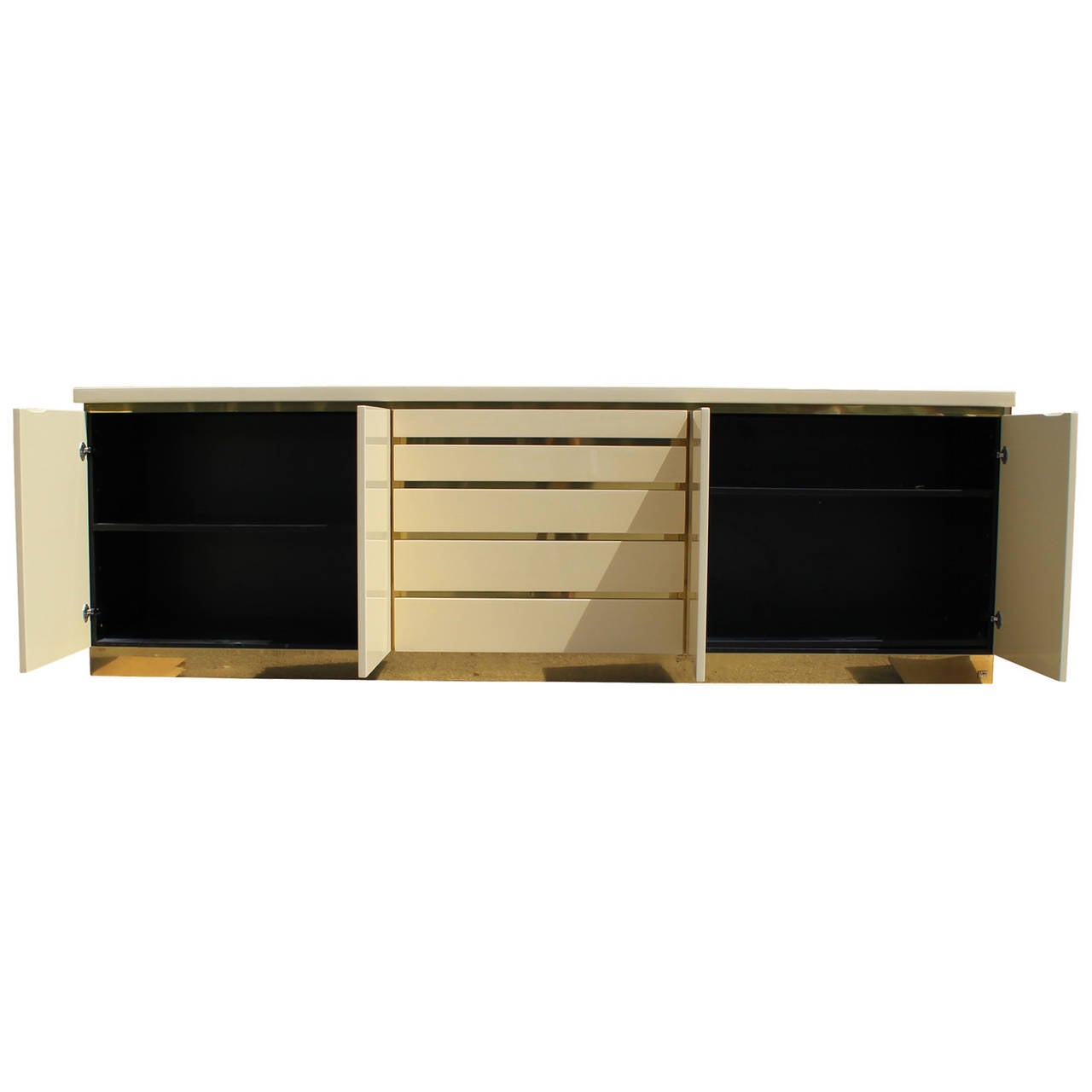 Mid-Century Modern Cream Lacquer and Brass Sideboard by Jean Claude Mahey