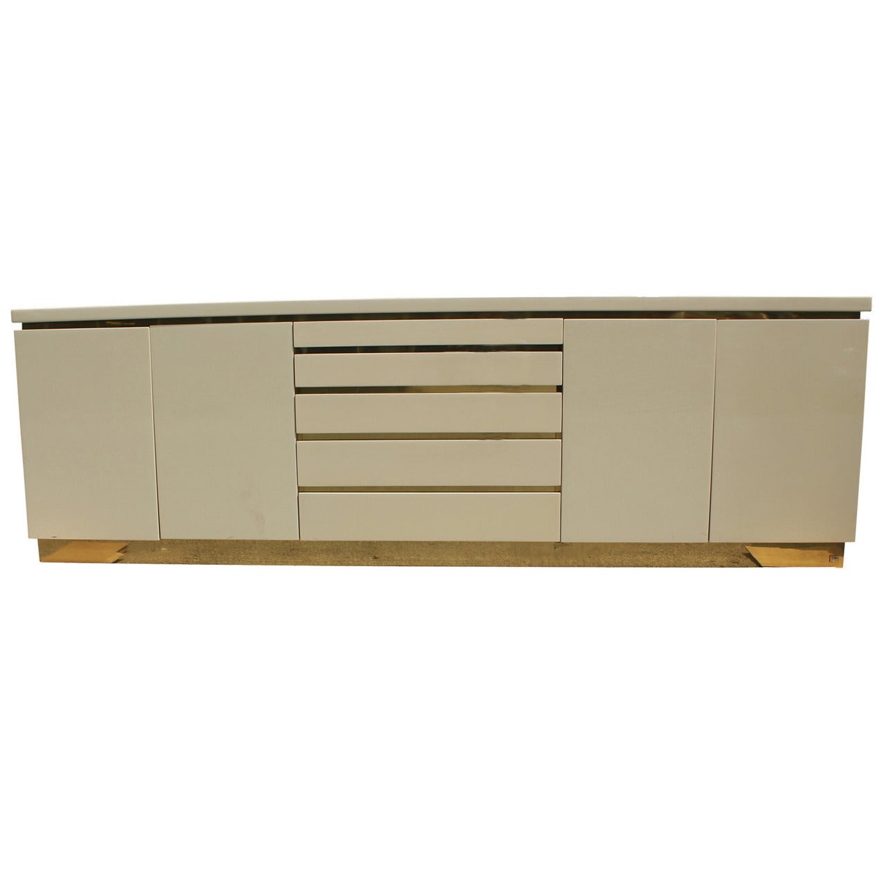 Cream Lacquer and Brass Sideboard by Jean Claude Mahey