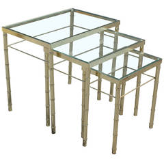 Set of Three Brass and Glass Faux Bamboo Nesting Tables