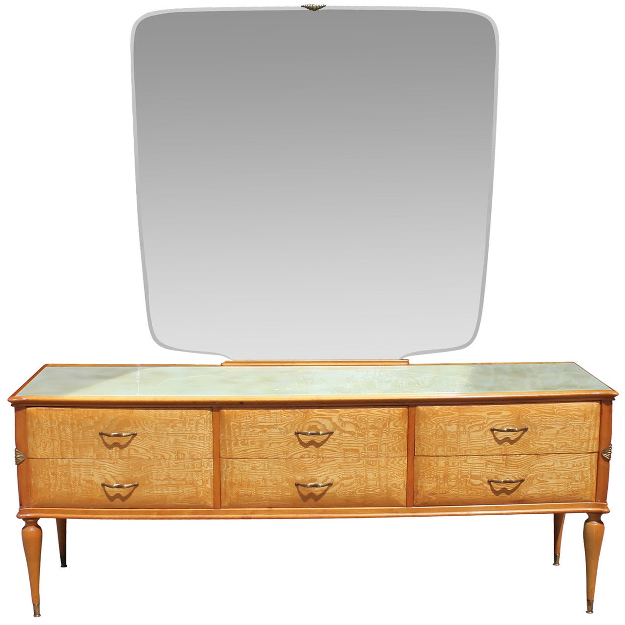 Mid-Century Modern Italian Blonde Burl Wood Vanity Dresser with Mirror