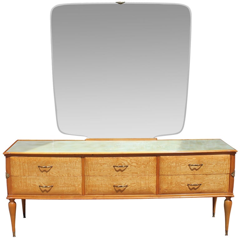 Mid Century Modern Italian Blonde Burl Wood Vanity Dresser With Mirror At 1stdibs