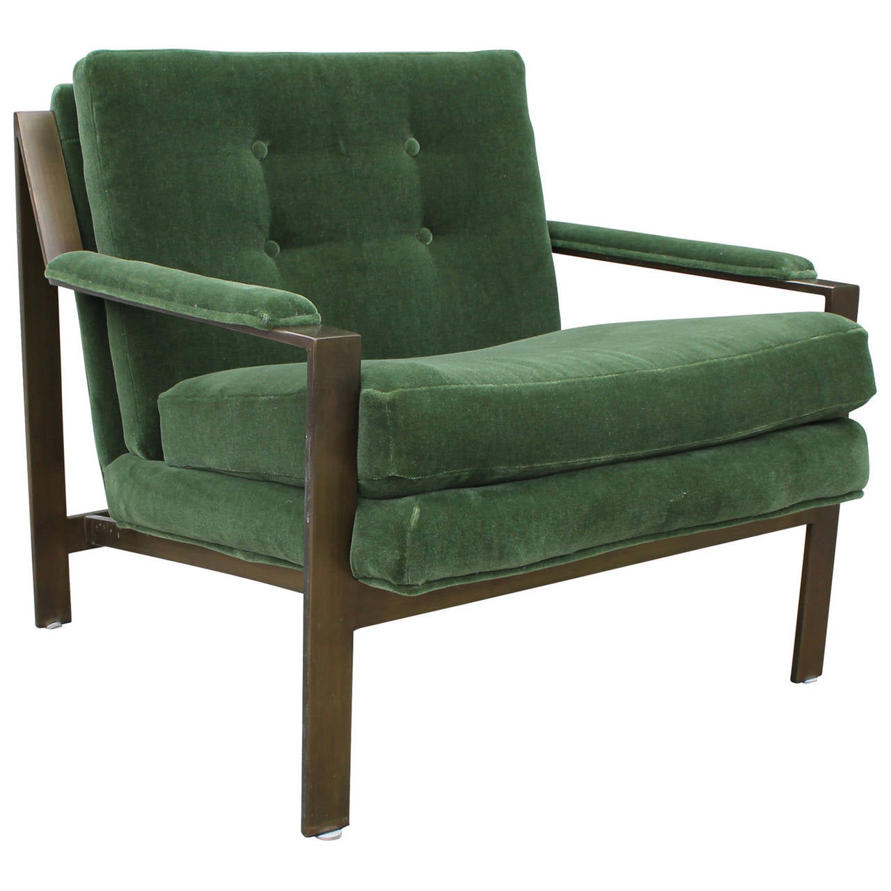 Mid-Century Modern Pair of Cy Mann Bronze and Green Mohair Velvet Lounge Chairs