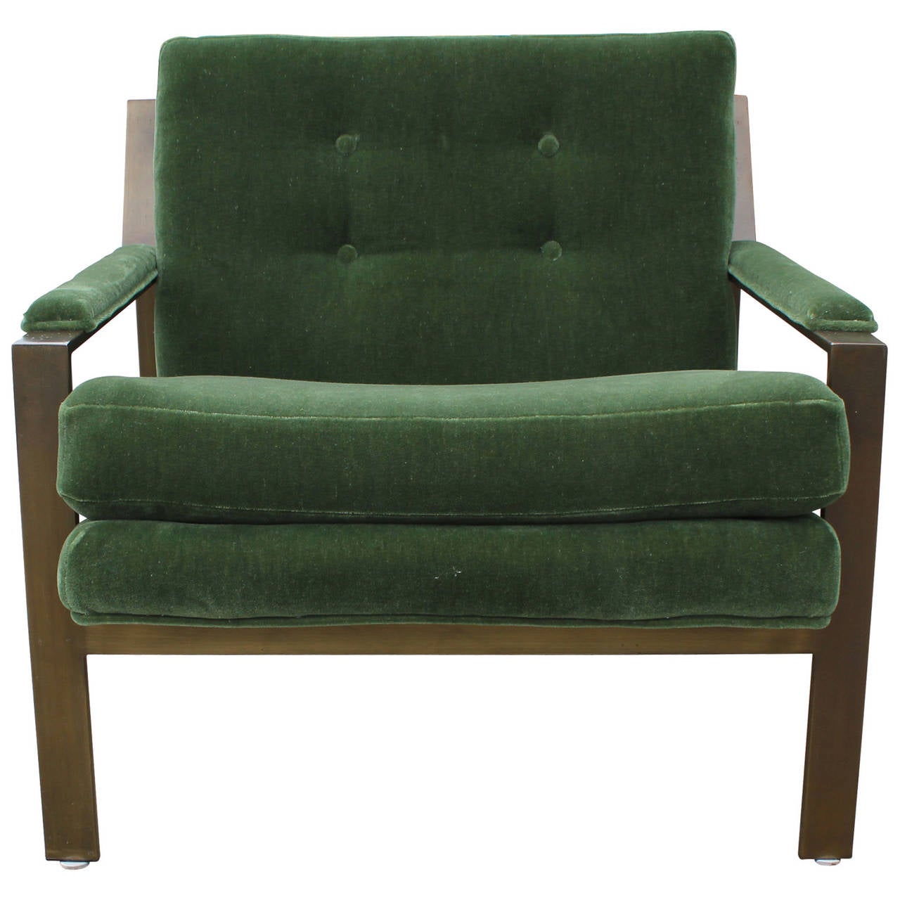 Pair of sculptural lounge chairs by Cy Mann in the style of Milo Baughman. Chairs are made of heavy bronze and have been reupholstered in green mohair velvet.