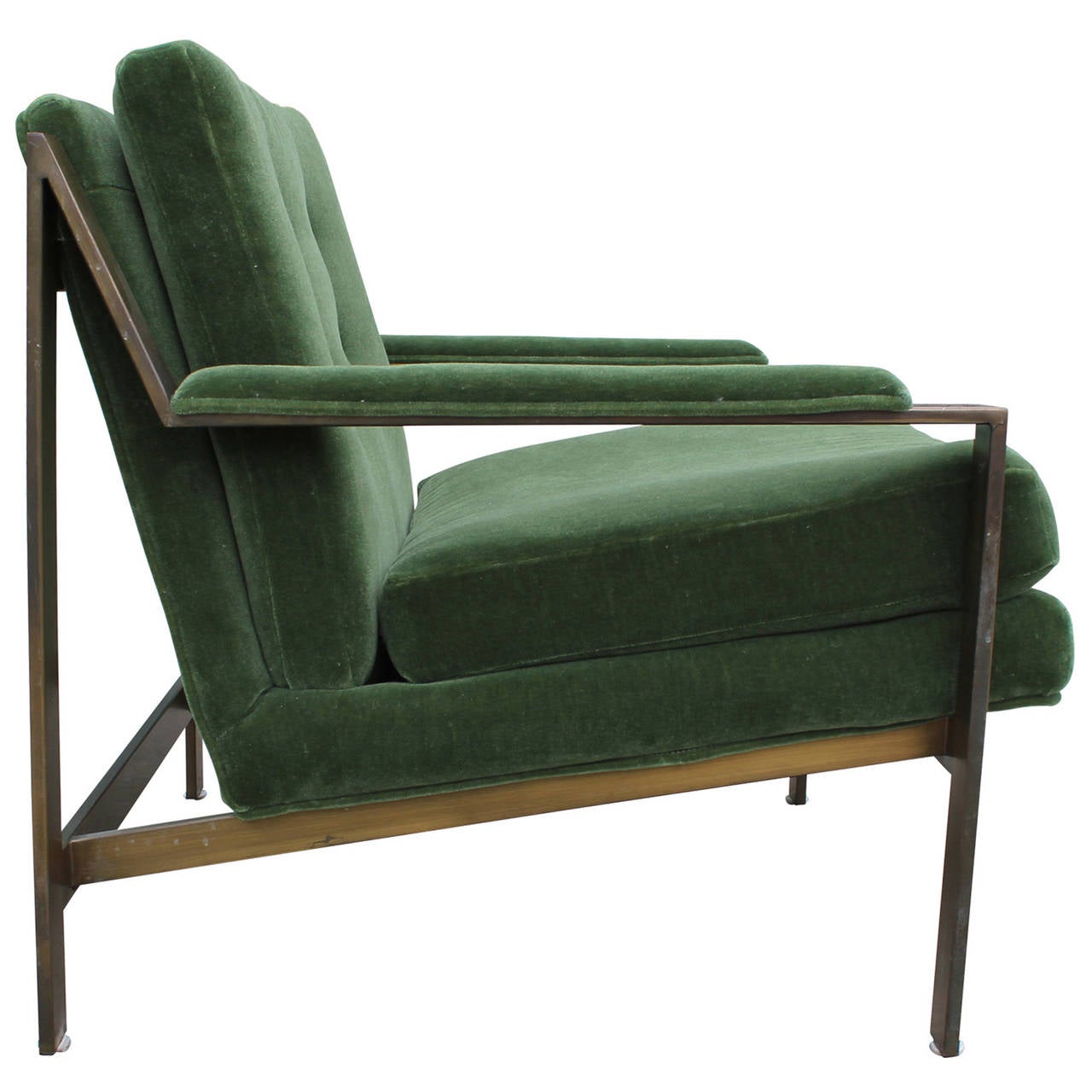 American Pair of Cy Mann Bronze and Green Mohair Velvet Lounge Chairs