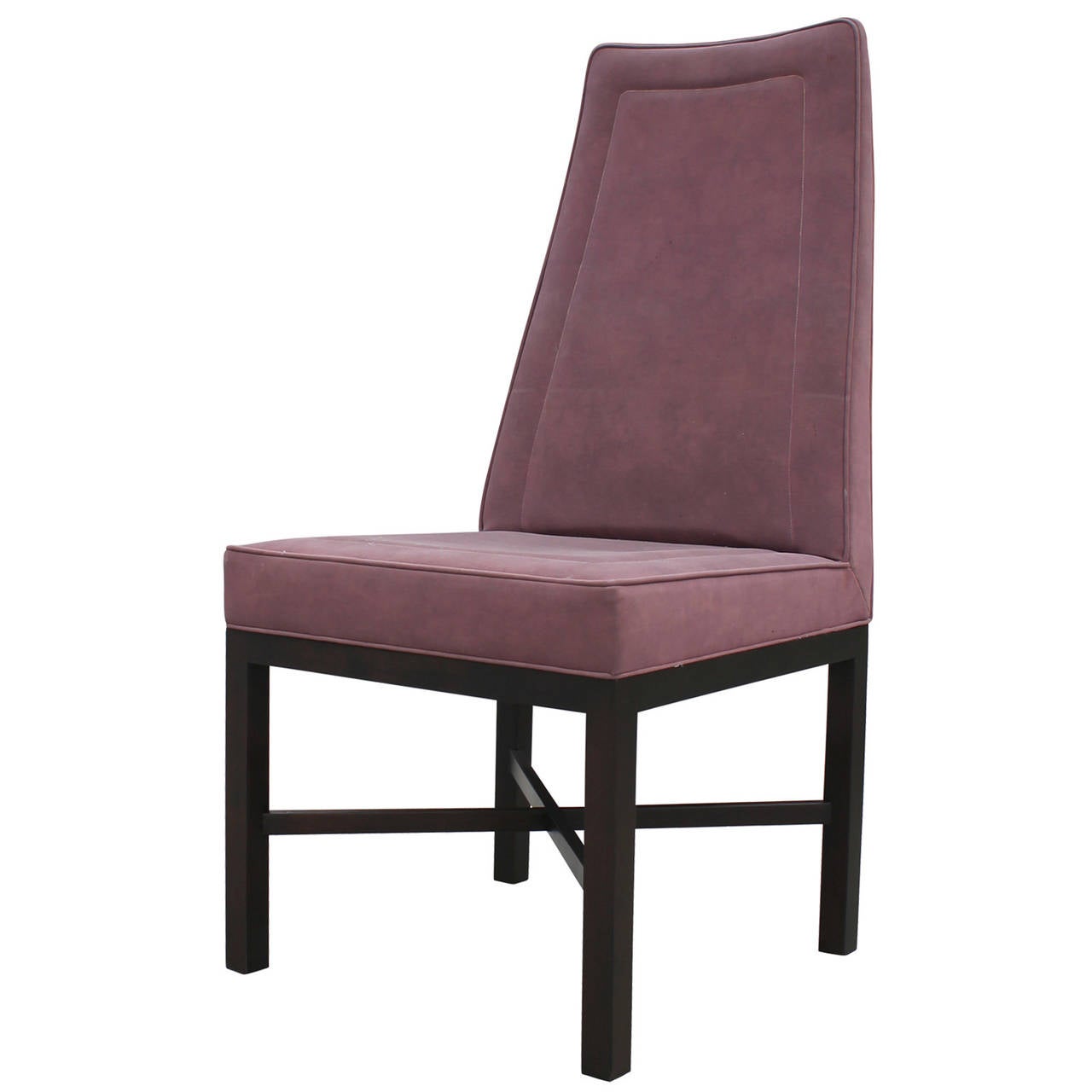 Set of six dining chairs with original purple suede upholstery dining chairs by Edward Wormley for Dunbar. Reupholstery or professional cleaning recommended. Bases are in excellent condition.
