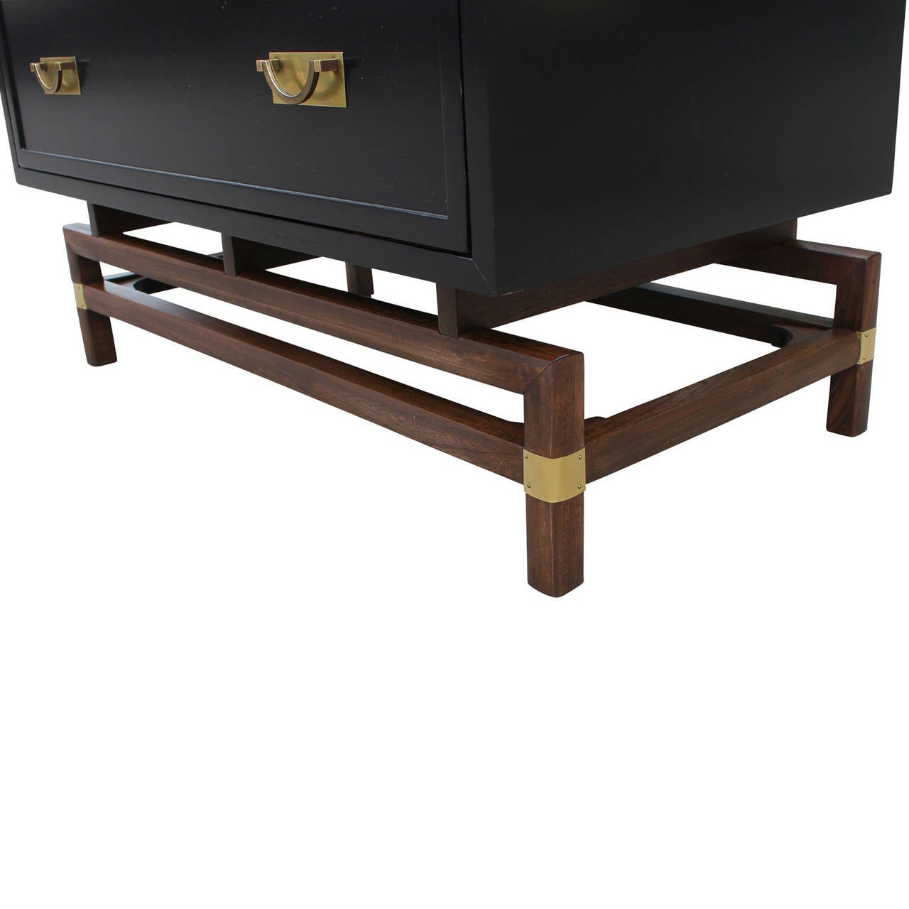 Impeccable Pair of Twin Black Lacquer and Brass Campaign Chests In Excellent Condition In Houston, TX