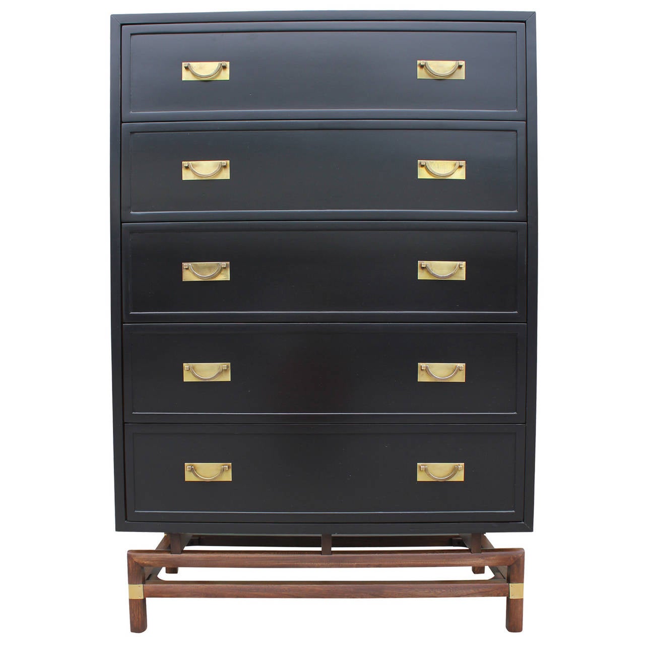 Mid-Century Modern Impeccable Pair of Twin Black Lacquer and Brass Campaign Chests
