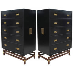 Impeccable Pair of Twin Black Lacquer and Brass Campaign Chests