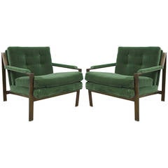 Pair of Cy Mann Bronze and Green Mohair Velvet Lounge Chairs