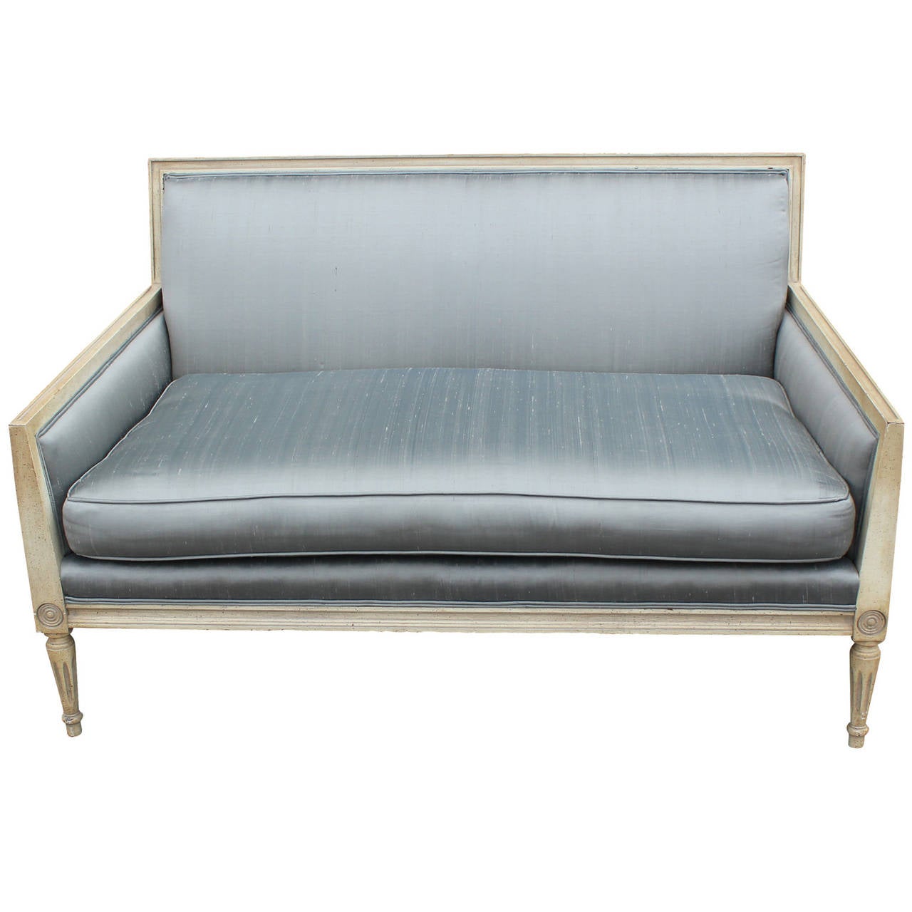 Sleek Pair of Blue Silk French Settees