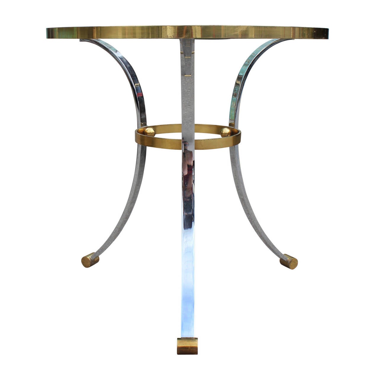 Brass and chrome occasional table. Three bowed chrome legs are tied together with brass stretchers and brass feet. Brass alls in the center stretcher add visual interest. Table would look wonderful with a marble or glass top.