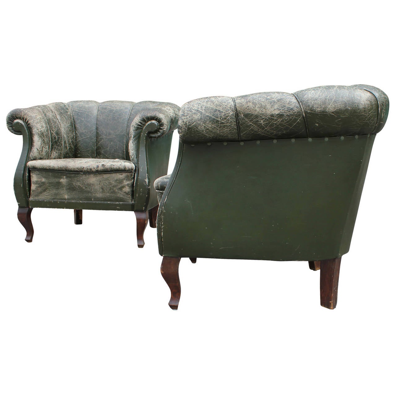 Perfectly Patinated Pair Club Chairs in Aged Green Leather In Distressed Condition In Houston, TX