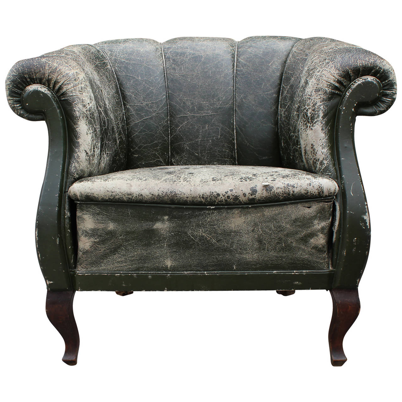 Incredible pair of rolled arm Chesterfield style club chairs with curved walnut legs. Cracked green leather has an incredible patina-some rips and tears only add to the aesthetic. Would make an incredible pair of chairs in the right room.