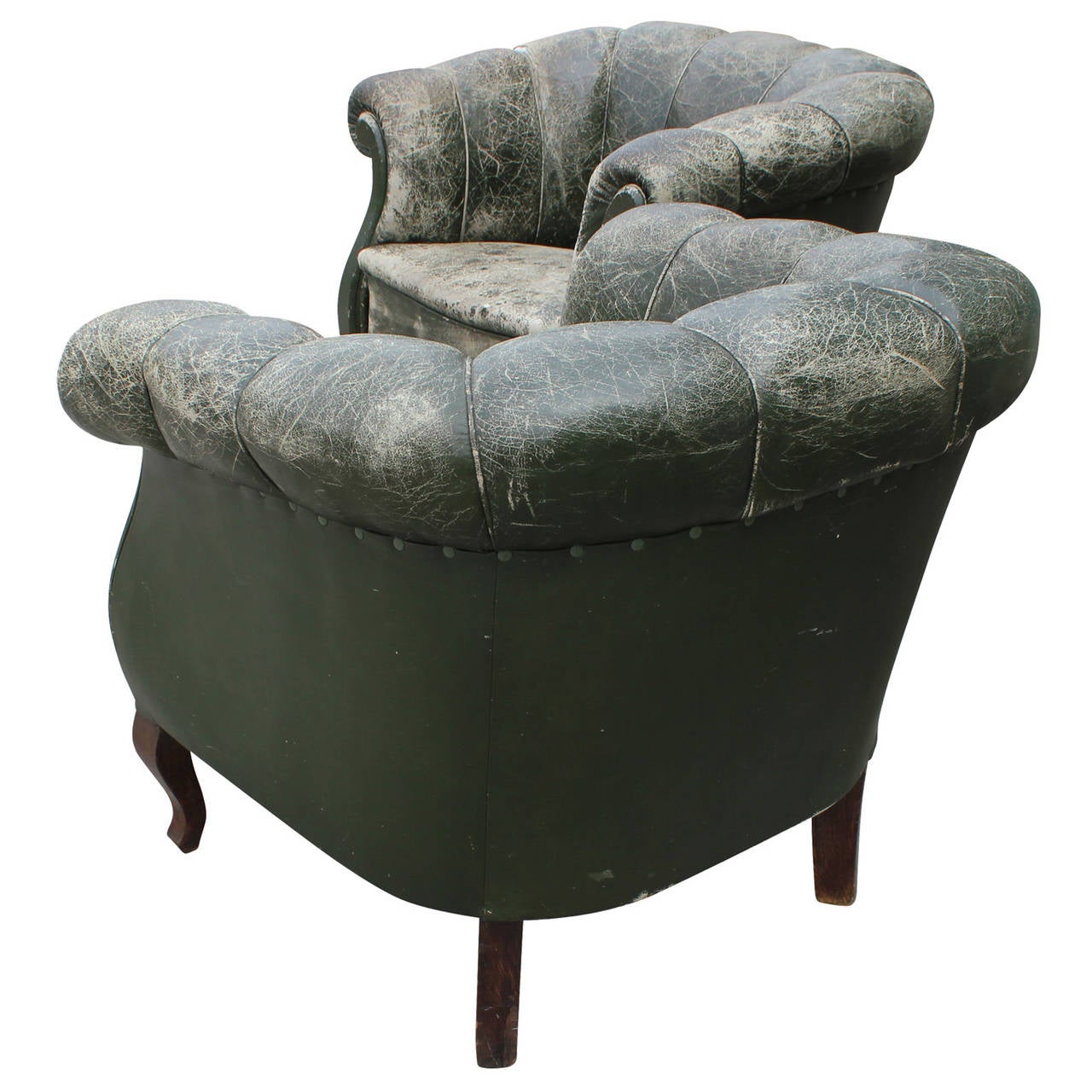 Unknown Perfectly Patinated Pair Club Chairs in Aged Green Leather