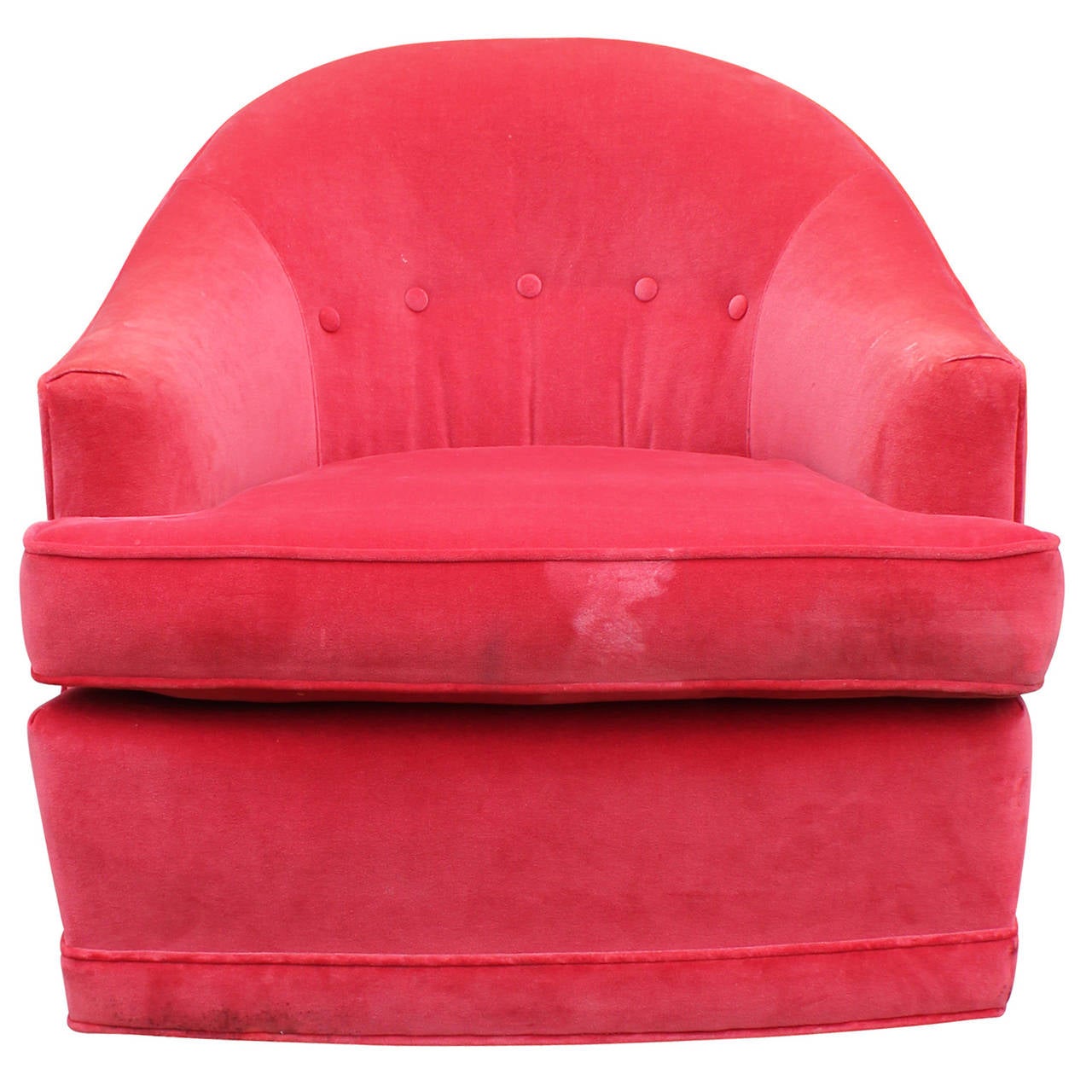 Fabulous pair of plush swivel chairs in the style of Milo Baughman. Chairs have soft curved lines and are tufted with five buttons. Chairs are currently upholstered in a worn red velvet but need reupholstery.

COM upholstery for an additional $1200