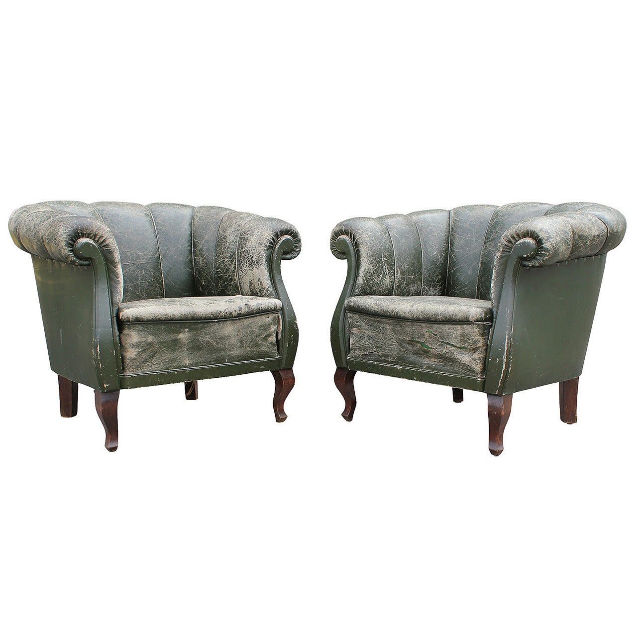 Perfectly Patinated Pair Club Chairs in Aged Green Leather