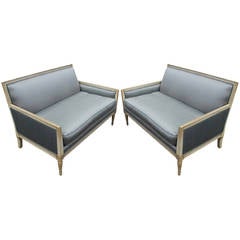 Sleek Pair of Blue Silk French Settees