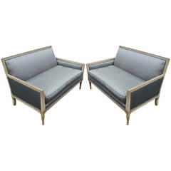 Sleek Pair of Blue Silk French Settees