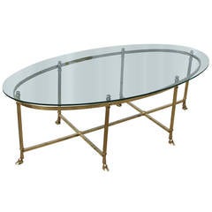 French Hooved Brass Hollywood Regency Oval Cocktail Table