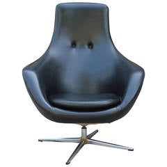 Mid Century Modern Overman Egg Style Swivel Chair in Black Vinyl