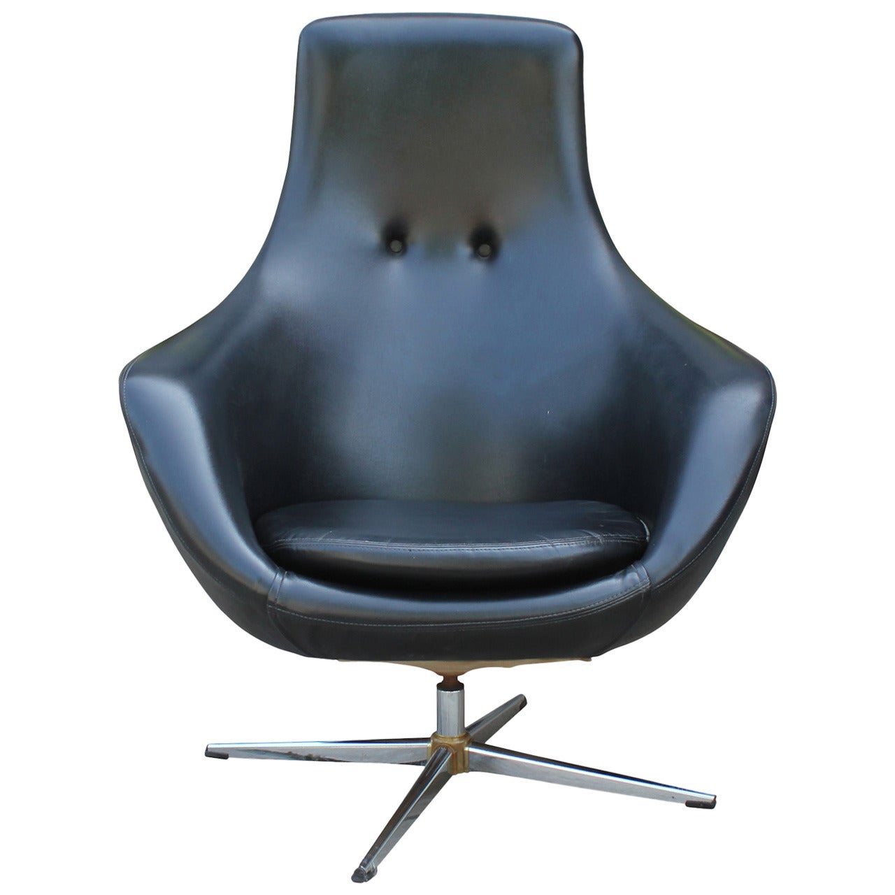 Mid Century Modern Overman Egg Style Swivel Chair in Black Vinyl