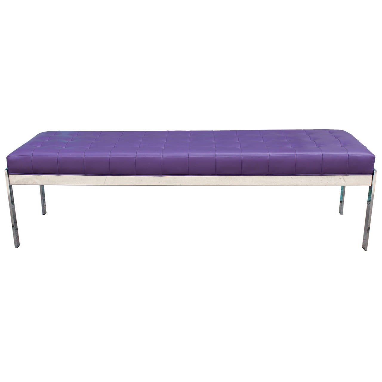 Luxe bench upholstered in original purple Naugahyde with a chrome base. Seat is box tufted. Well built - In the style of Zographos, Knoll, Milo Baughman.