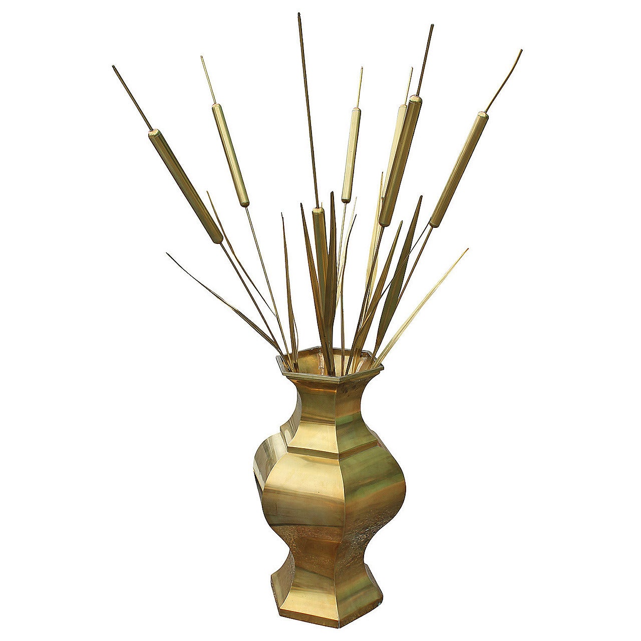 Large Decorative Brass Vase with Brass Cattails