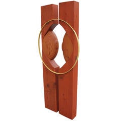 Tall Wooden Sculpture with Metal Ring