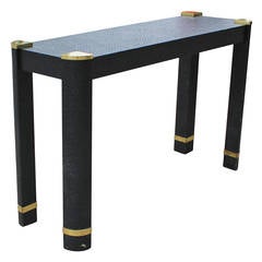 Karl Springer Style Black Raffia Console with Brass Accents