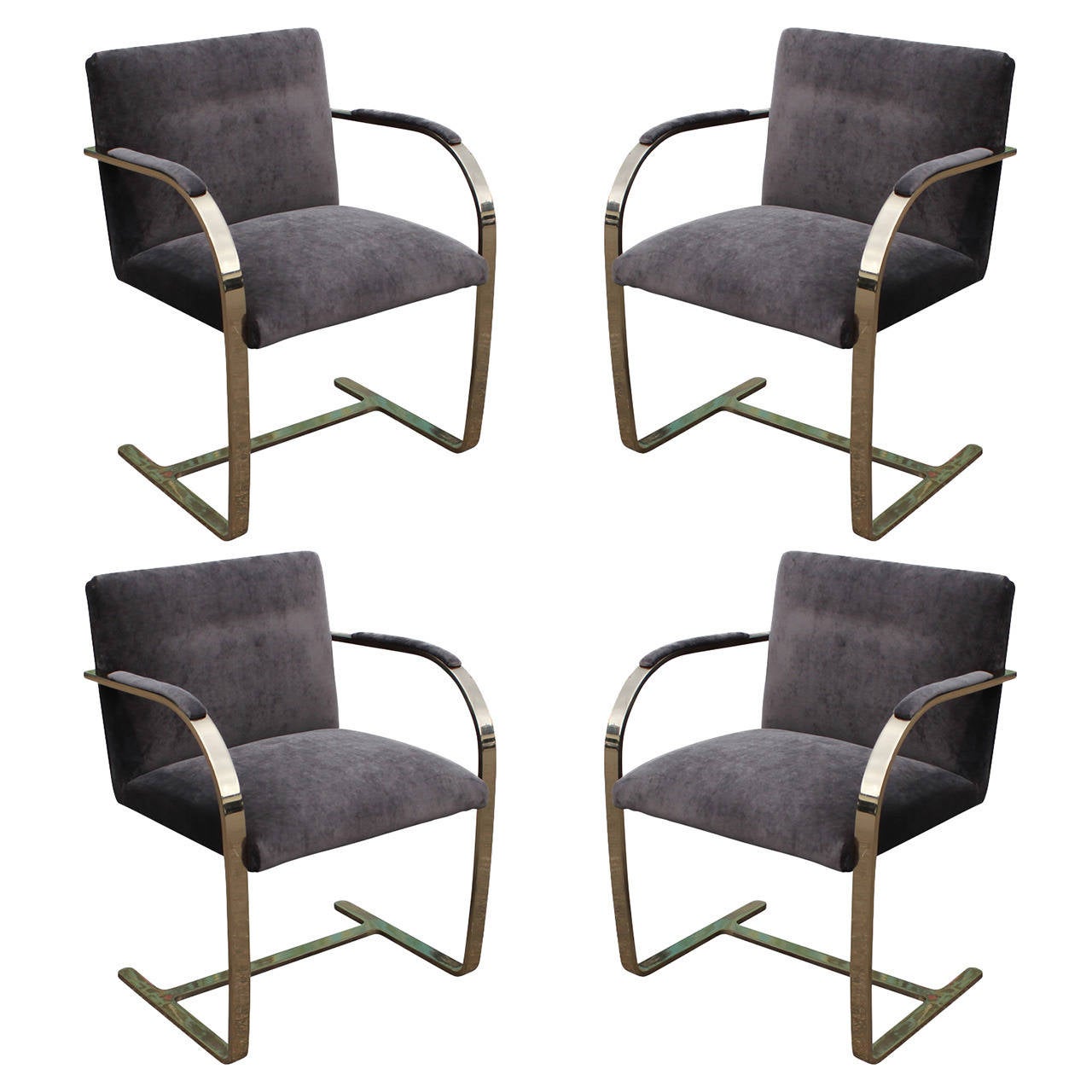 Fabulous Set of Four Brass and Grey Velvet Arm Chairs at 1stDibs